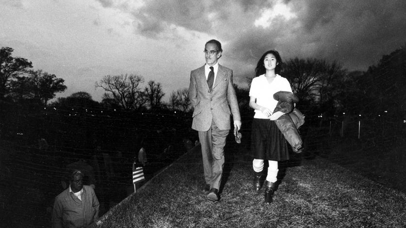 Grady Clay and Maya Lin atop the Vietnam Veterans Memorial prior to opening ceremony