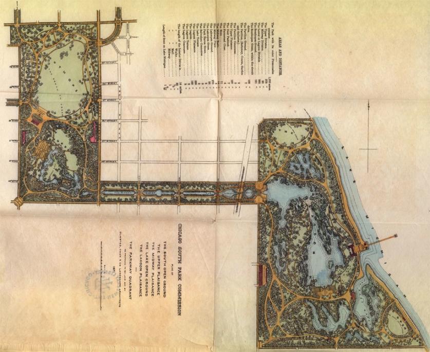 Olmsted & Vaux 1871 South Park Plan. Washington Park (L), the Midway Plaisance (C) Jackson Park (R)