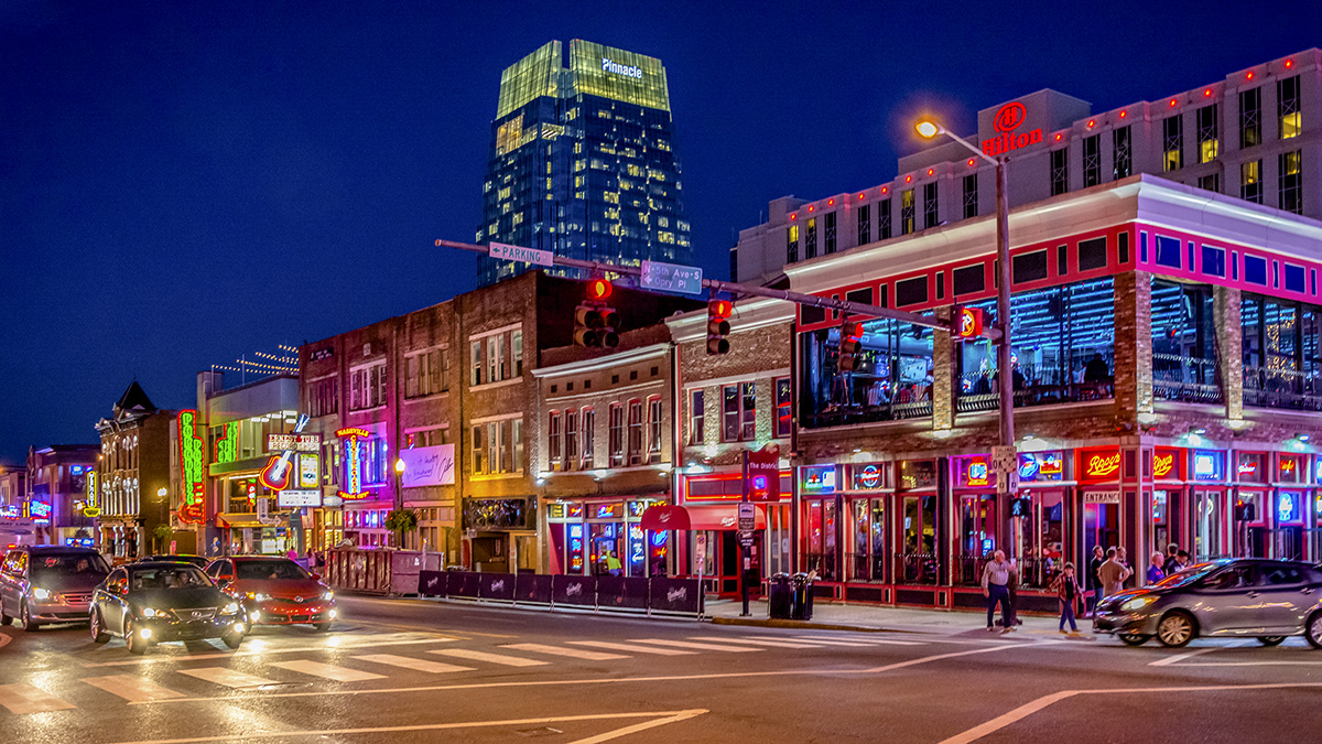 Music City's downtown Nashville, Tennessee at night